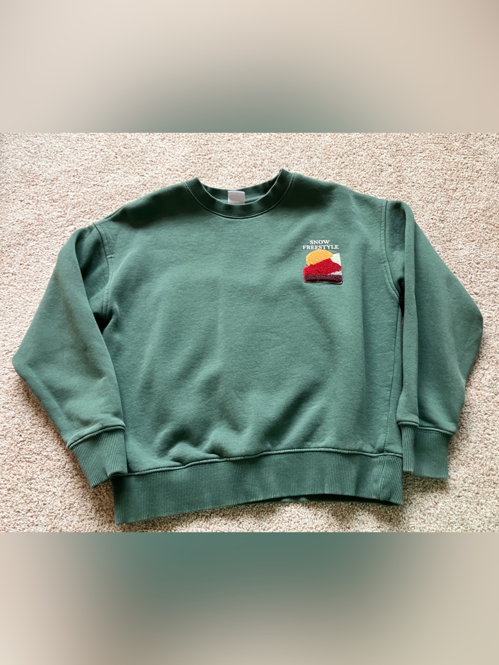 Zara Green Crewneck Sweater with Colorblock Snow Patch